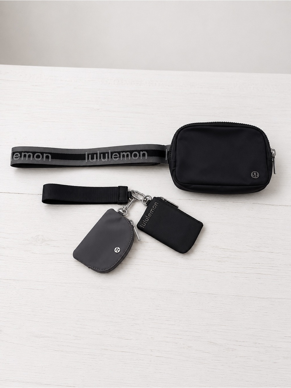 Lululemon Black & Gray With Silver Hardware Belt Bag + Double Wristlet Bundle